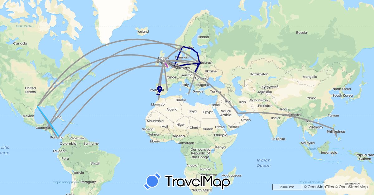 TravelMap itinerary: driving, plane, train, boat, motorbike in Belgium, Germany, Spain, United Kingdom, Italy, Latvia, Morocco, Netherlands, Norway, Panama, Philippines, Poland, Portugal, Qatar, Sweden, El Salvador, United States (Africa, Asia, Europe, North America)