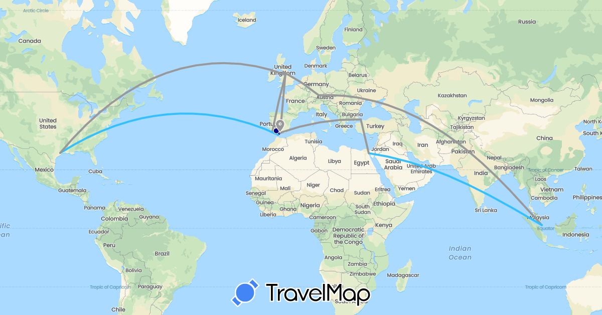TravelMap itinerary: driving, plane, train, boat in Germany, Egypt, Spain, United Kingdom, Gibraltar, Portugal, Singapore, Turkey, United States (Africa, Asia, Europe, North America)